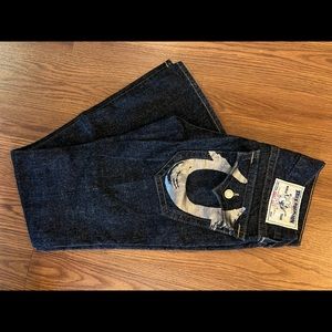 True religion dark blue denim jeans mens size 30 w/ metallic silver horse shoe